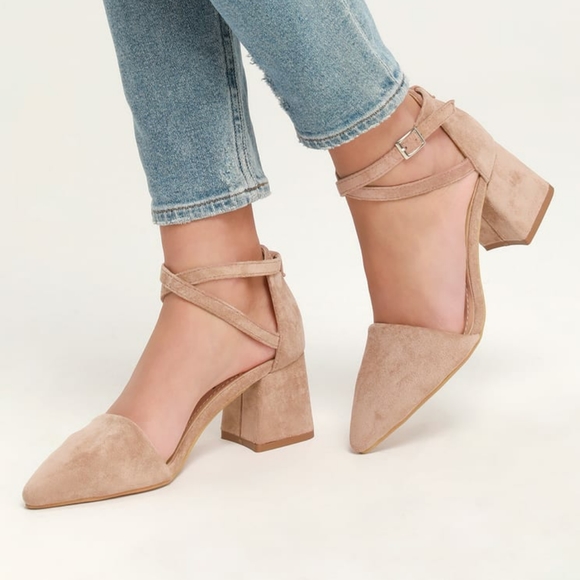 nude suede ankle strap heels